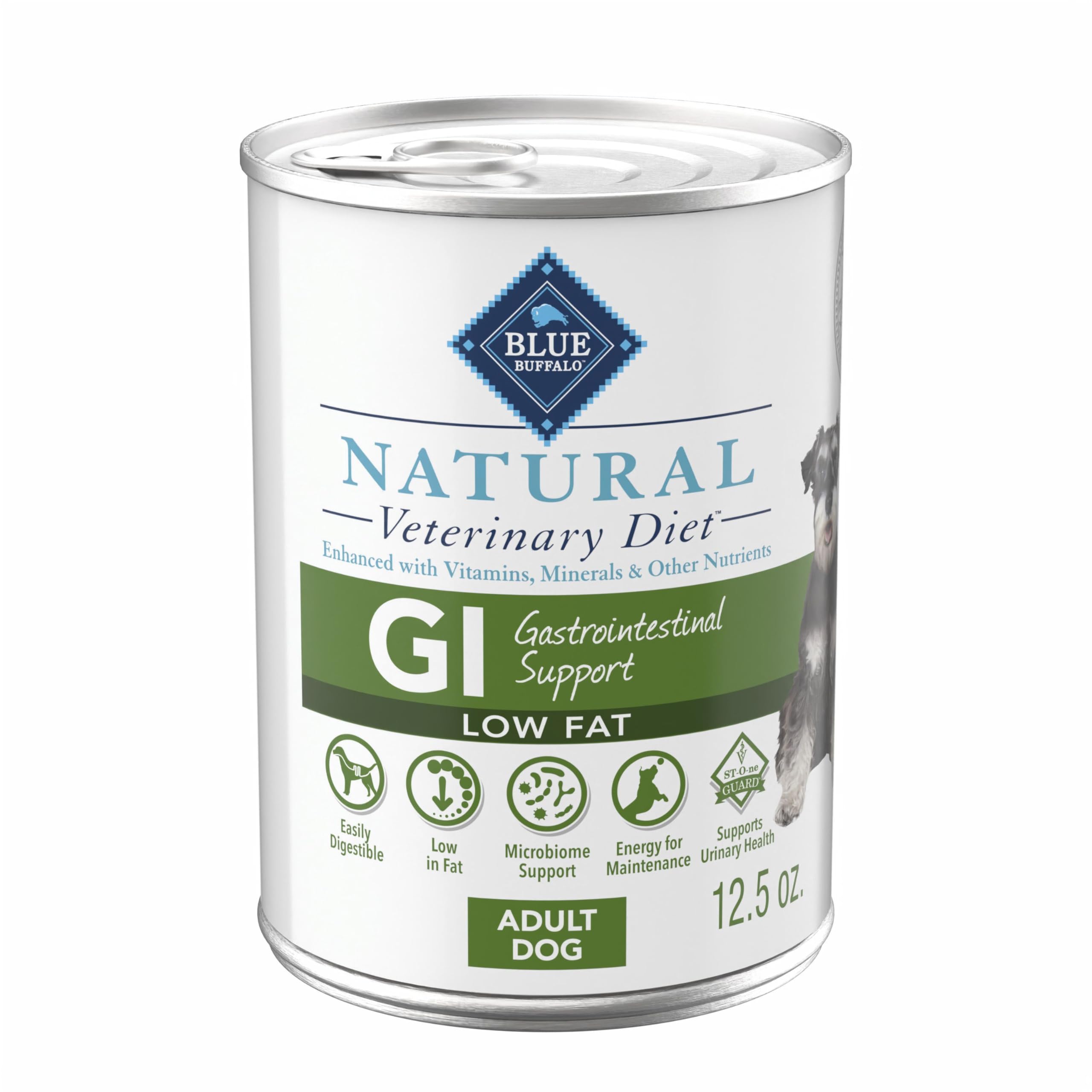 Blue Buffalo GI Low Fat Wet Dog Food whitefish can, real ingredients support gentle digestion.
