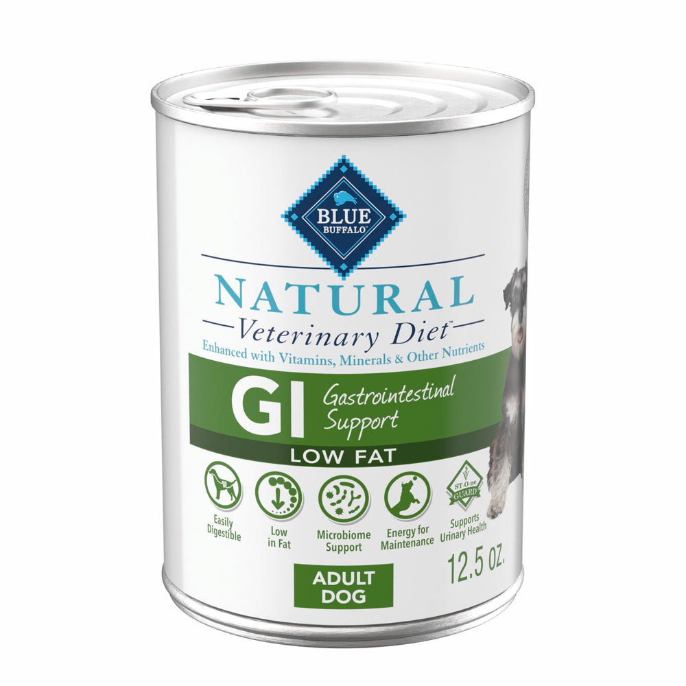 Blue Buffalo GI Low Fat Wet Dog Food whitefish can, real ingredients support gentle digestion.