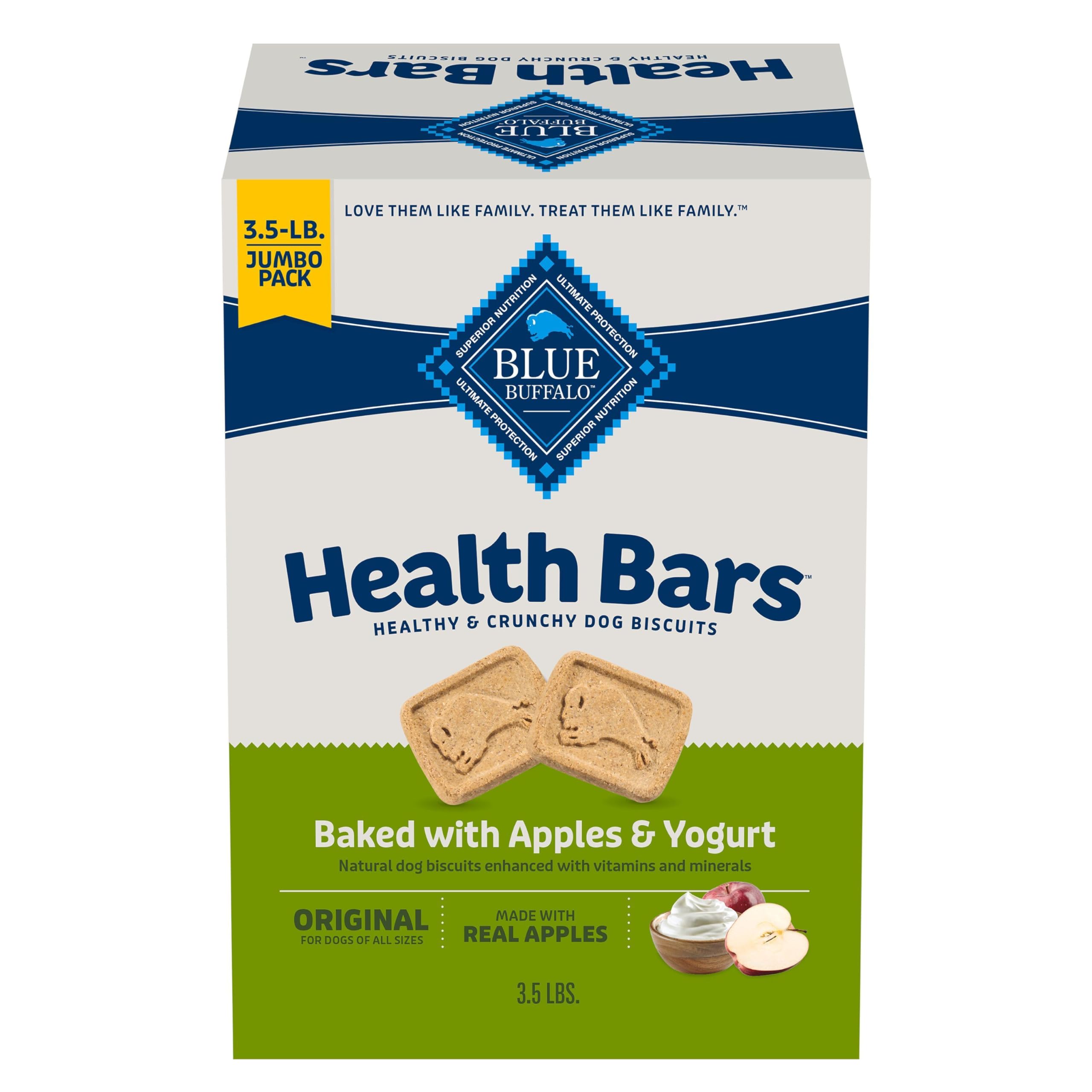 Blue Buffalo Health Bars apples and yogurt biscuits offer a wholesome crunchy reward.