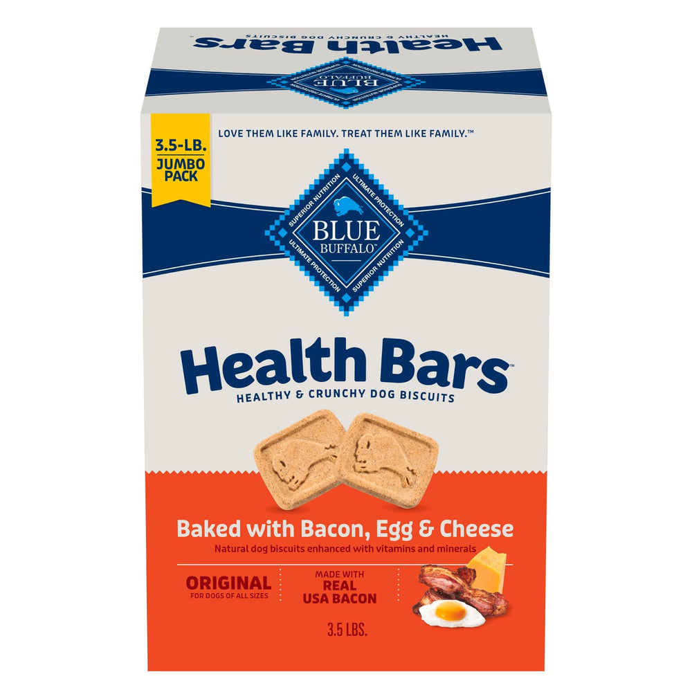 Blue Buffalo Health Bars bacon-egg-cheese front box with savory aroma for dogs.
