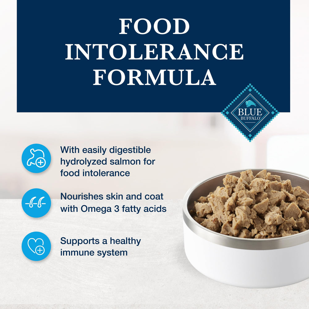 Opened can of Blue Buffalo HF hydrolyzed salmon wet cat food.