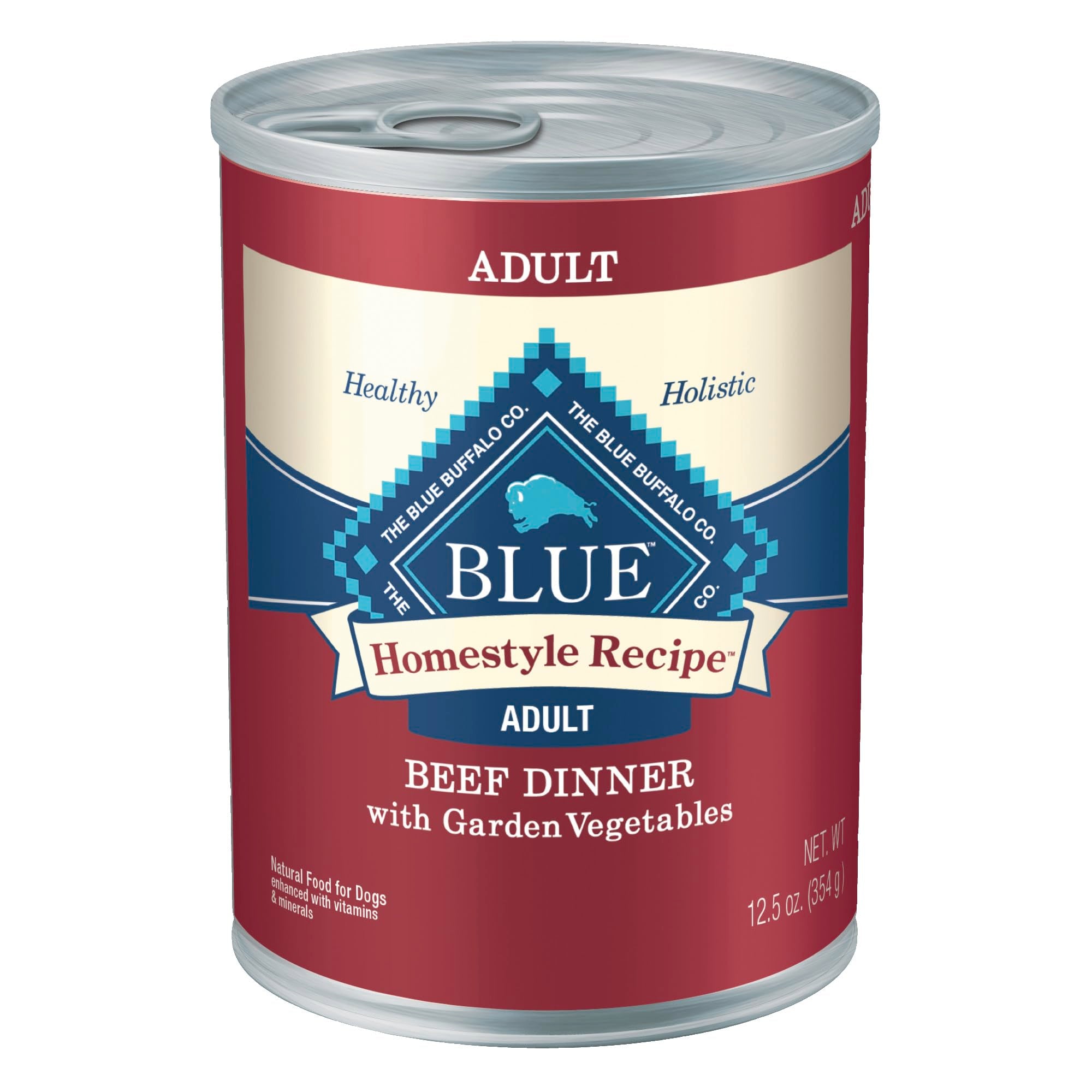 Blue Buffalo Homestyle Beef Dinner can closeup showing protein-rich meal for active dogs