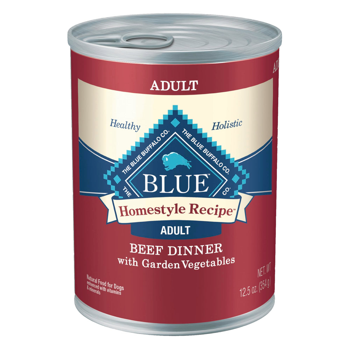 Blue Buffalo Homestyle Beef Dinner can closeup showing protein-rich meal for active dogs