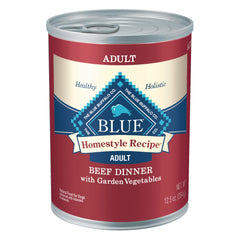 Blue Buffalo Homestyle Beef Dinner can closeup showing protein-rich meal for active dogs