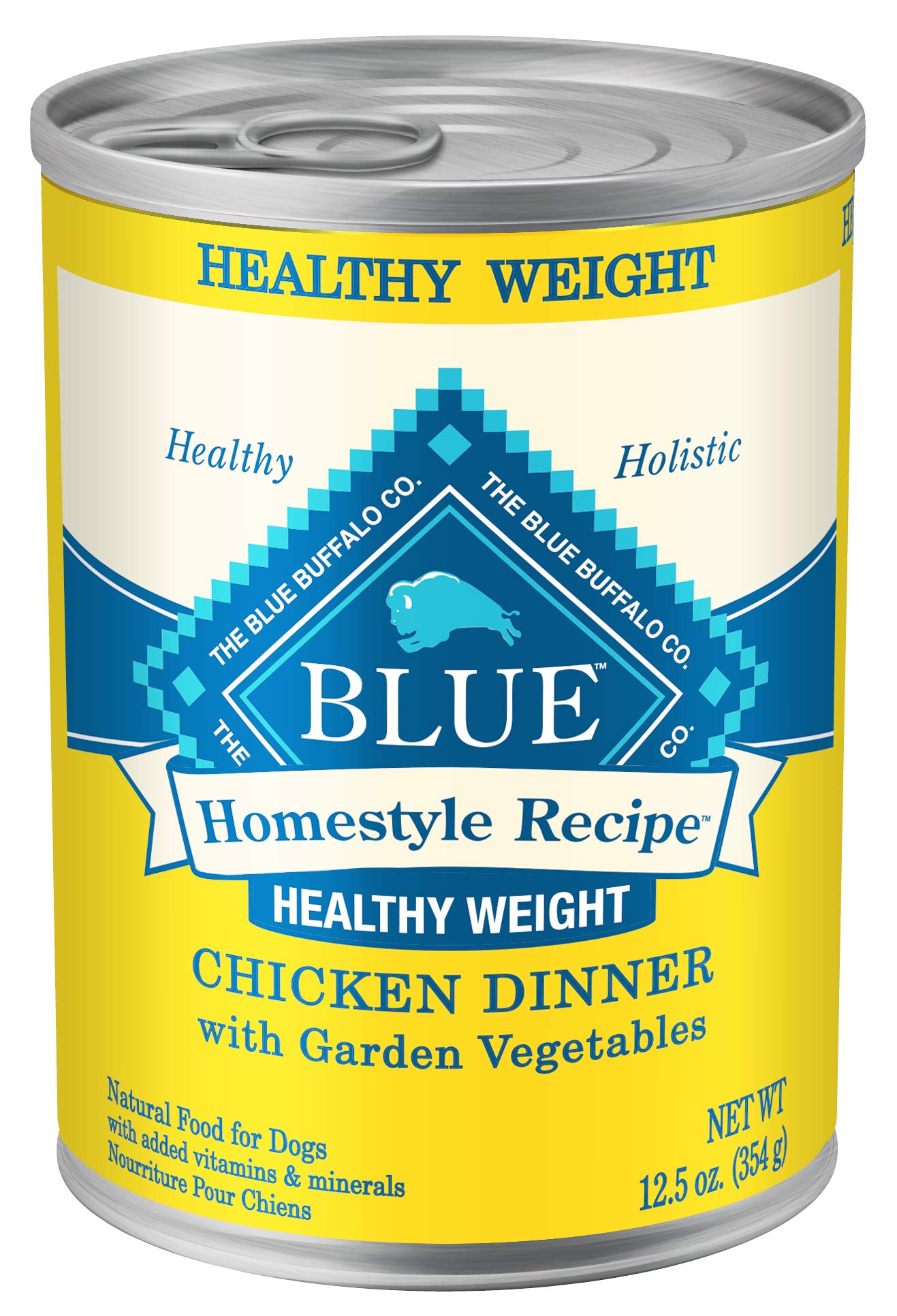 Blue Buffalo Homestyle Chicken Dinner can shows real chicken for a protein-rich meal