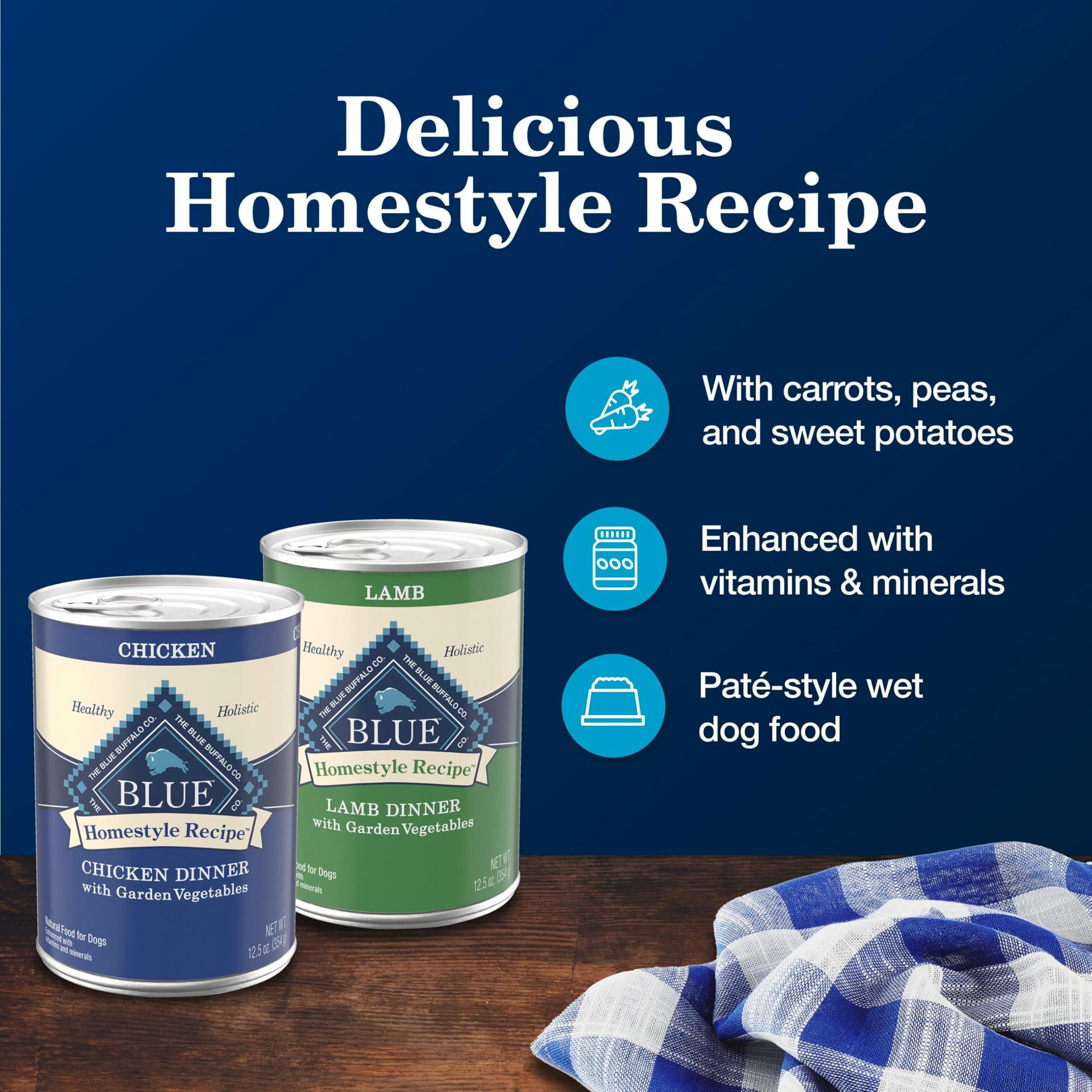 Dog enjoying Blue Buffalo Homestyle Lamb and Chicken meal with moist, flavorful texture.