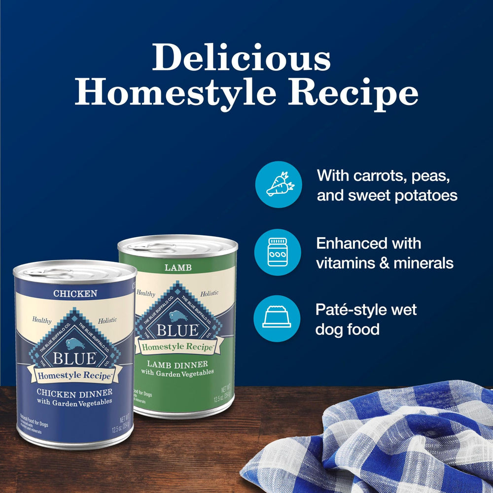 Dog enjoying Blue Buffalo Homestyle Lamb and Chicken meal with moist, flavorful texture.