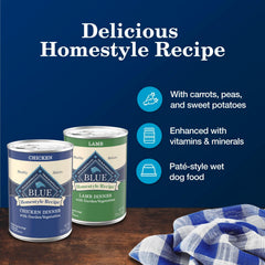 Dog enjoying Blue Buffalo Homestyle Lamb and Chicken meal with moist, flavorful texture.