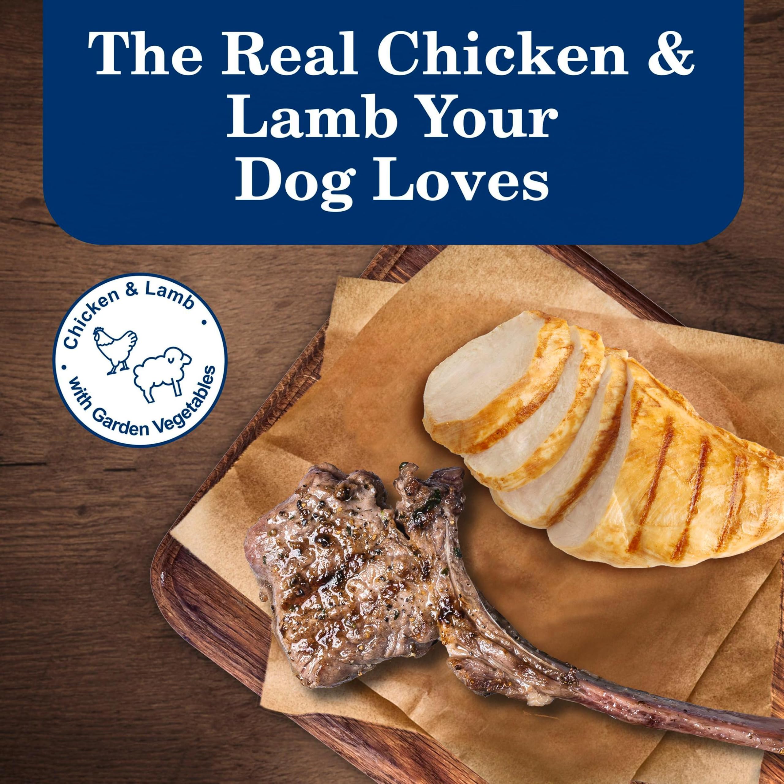 Blue Buffalo Homestyle Chicken and Lamb variety-pack cans shown for adult dog nutrition.