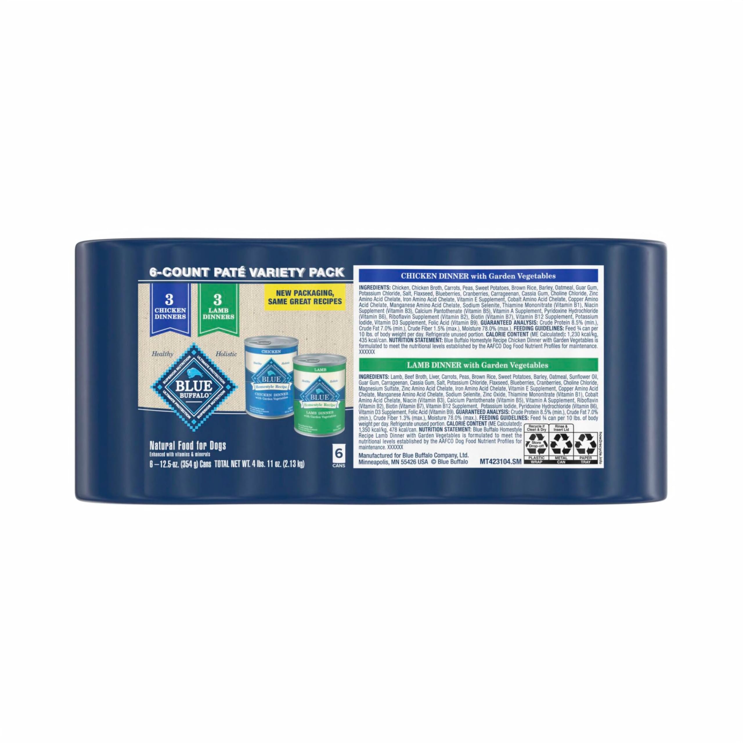 Blue Buffalo Homestyle Lamb can back label highlighting natural ingredients and nutrition.
