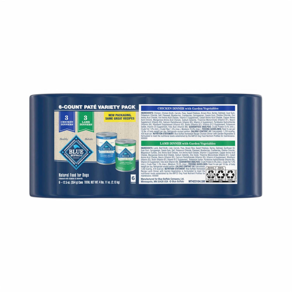 Blue Buffalo Homestyle Lamb can back label highlighting natural ingredients and nutrition.