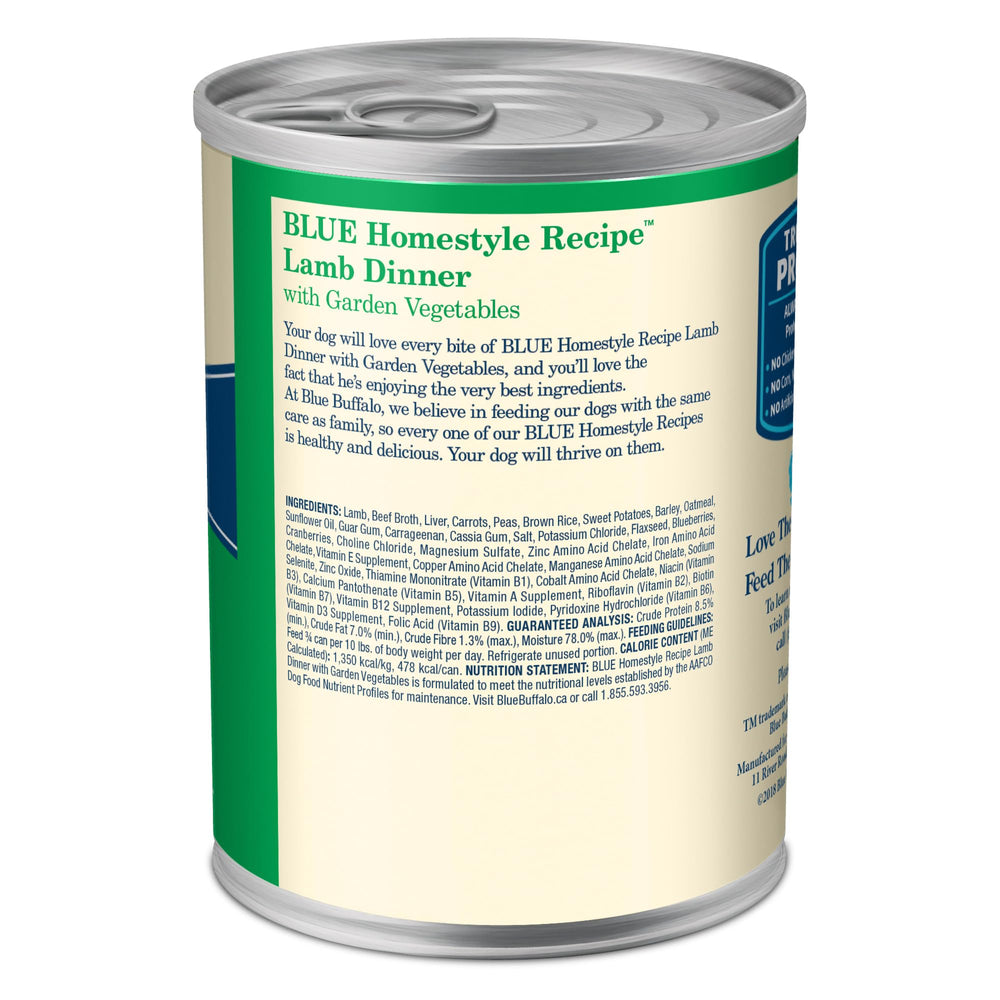 Blue Buffalo Homestyle Lamb Dinner can exterior shows premium wet food option.