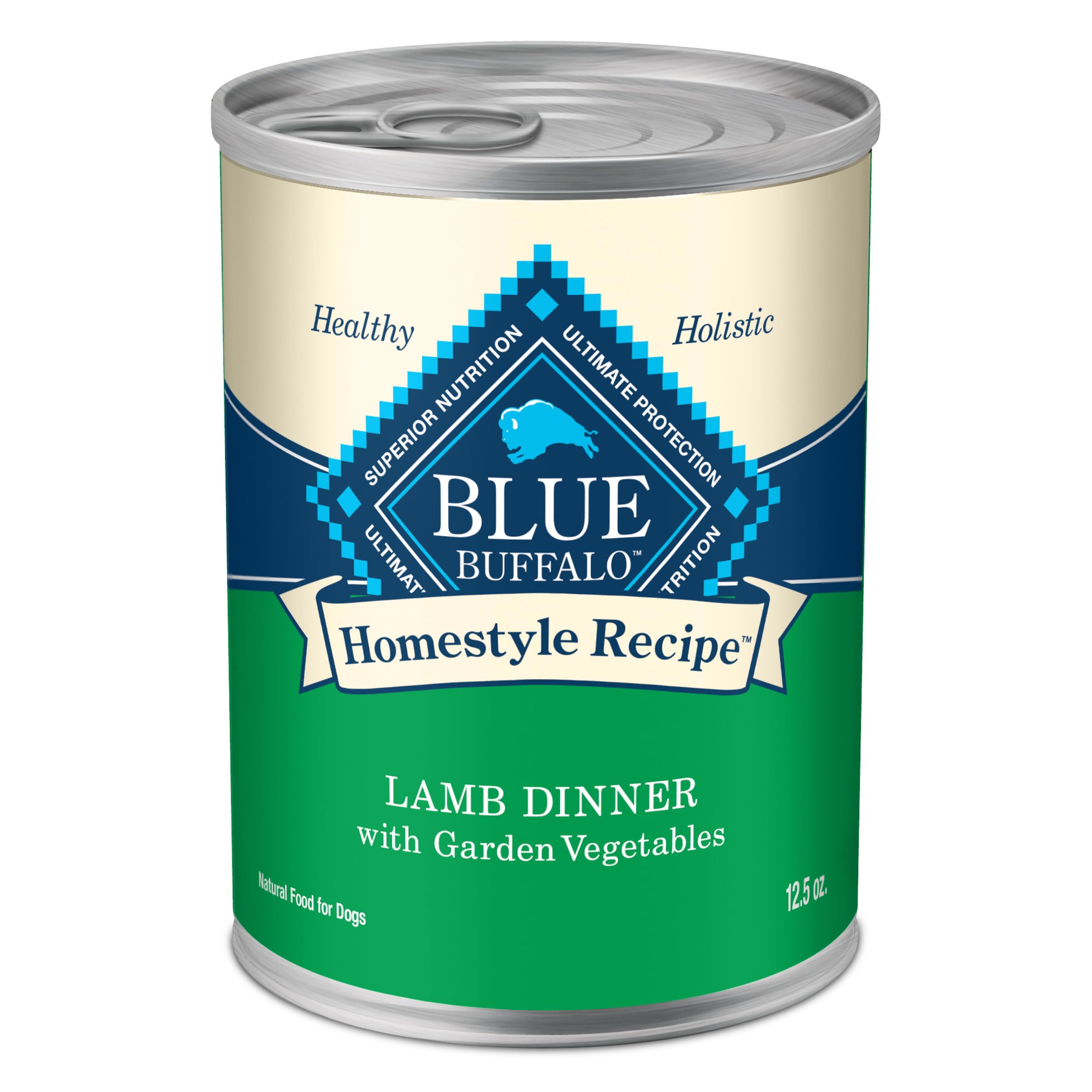 Blue Buffalo Homestyle Lamb Dinner label highlights natural ingredients for dogs.