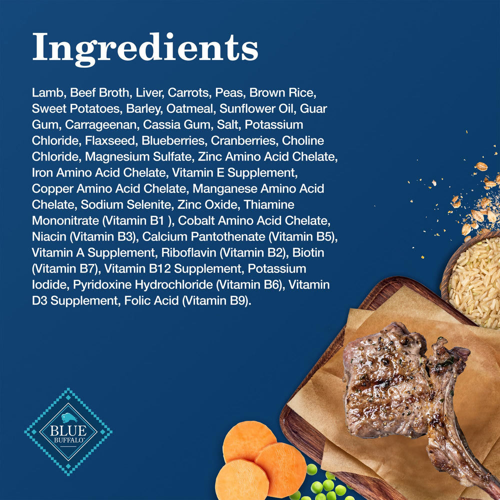 Blue Buffalo Homestyle Lamb Dinner pack of 12 cans shows value and consistency.