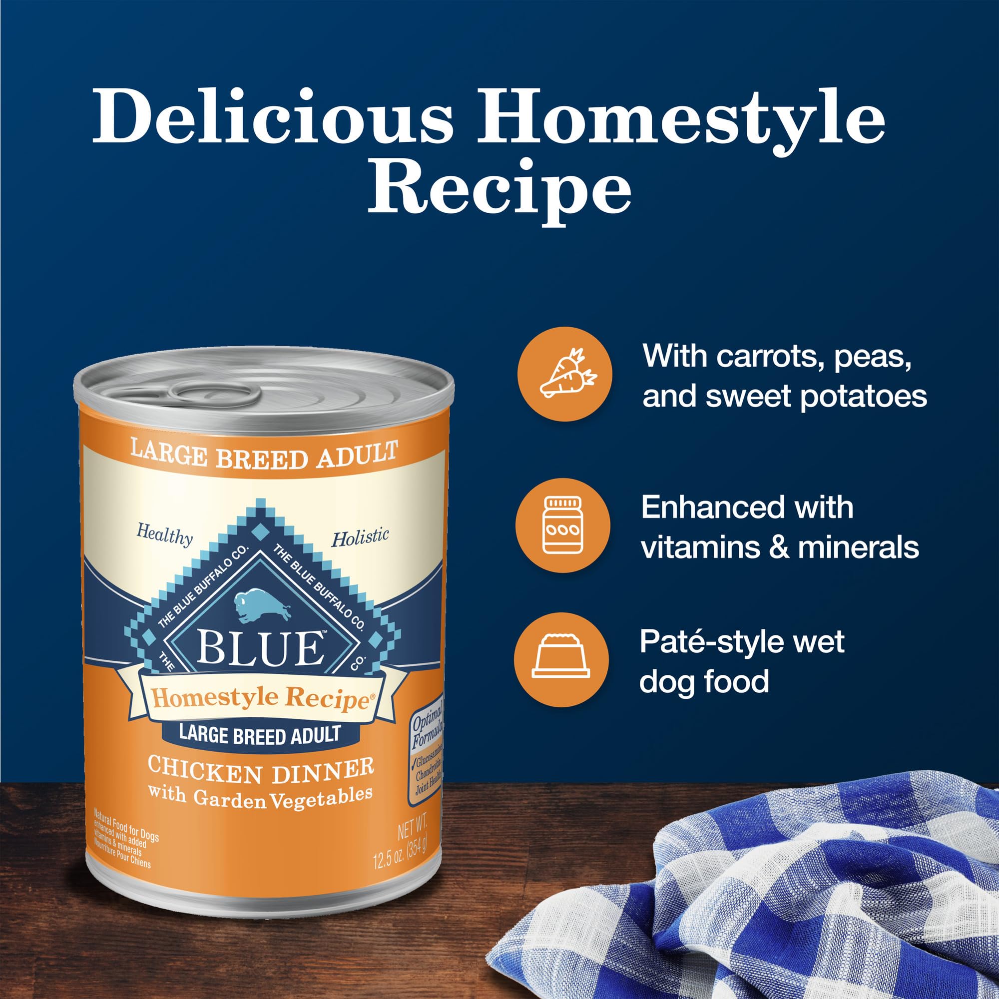 Blue Buffalo Homestyle Large Breed wholesome grains with brown rice and barley support energy.