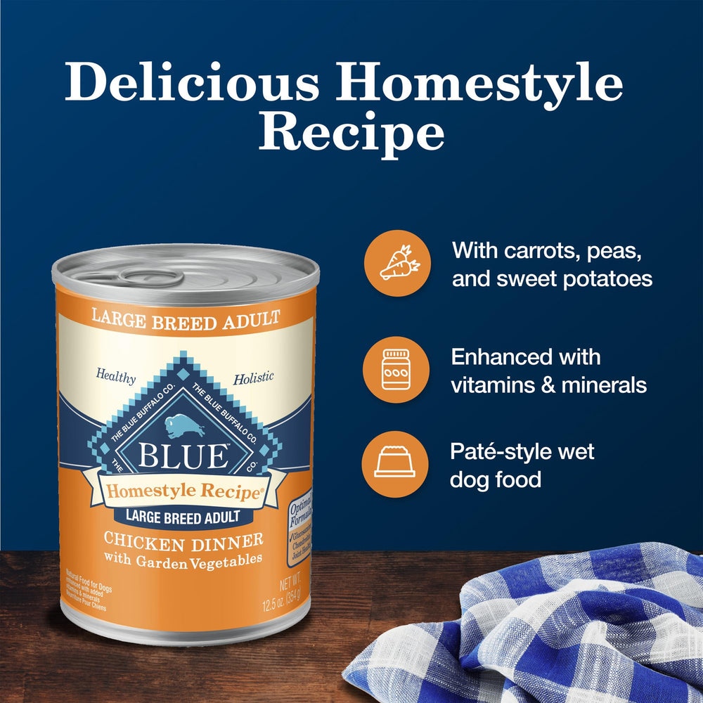 Blue Buffalo Homestyle Large Breed wholesome grains with brown rice and barley support energy.