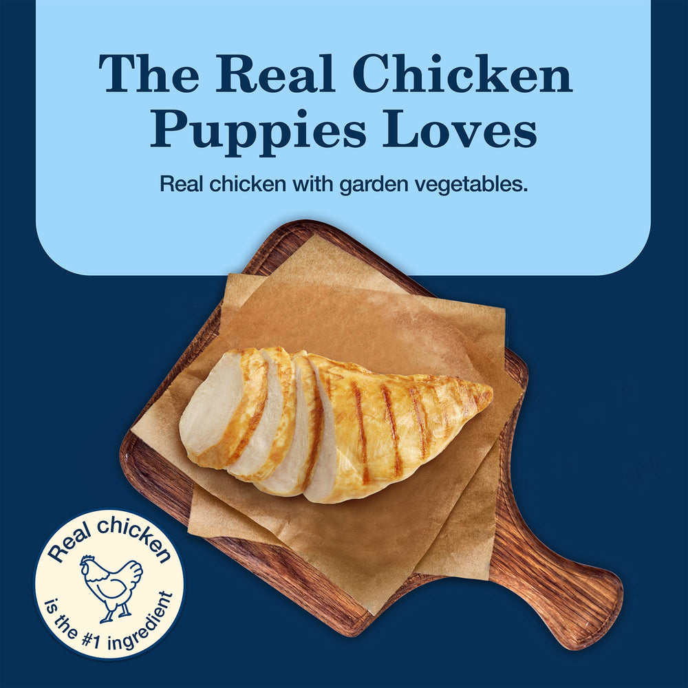 Blue Buffalo Homestyle Puppy Wet Food can label close-up; convenient bulk feeding