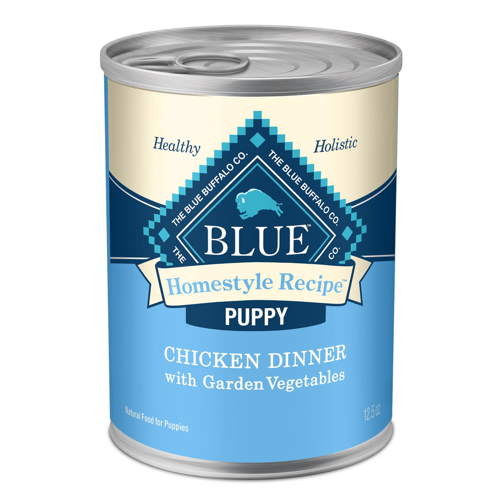 Blue Buffalo Homestyle Puppy Wet Food, chicken dinner close-up; protein-rich meal for growing puppies