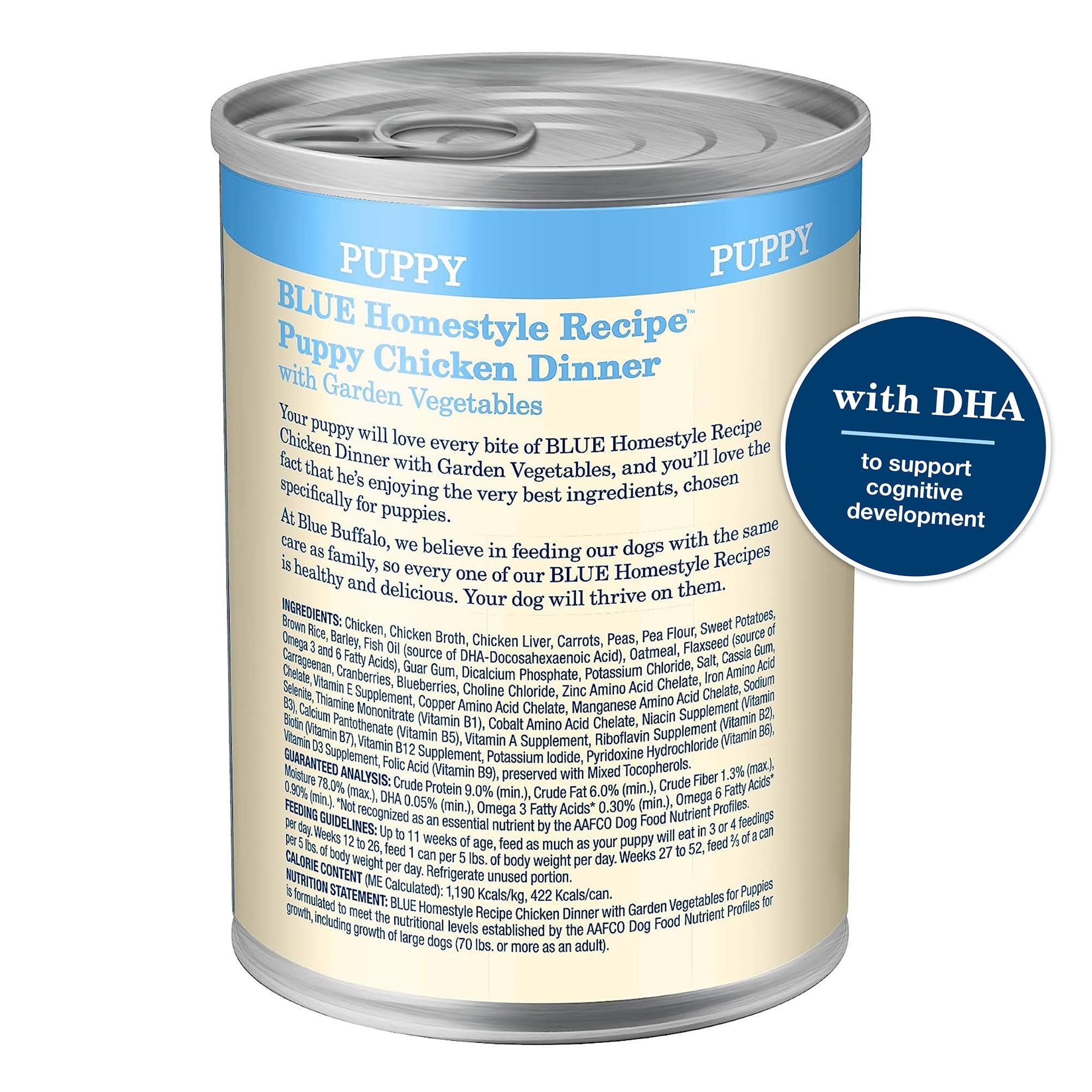 Blue Buffalo Homestyle Puppy Wet Food, garden vegetables visible; balanced nutrition for energy