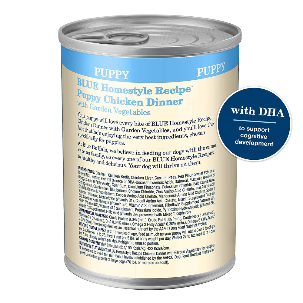 Blue Buffalo Homestyle Puppy Wet Food, garden vegetables visible; balanced nutrition for energy