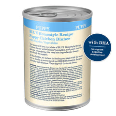Blue Buffalo Homestyle Puppy Wet Food, garden vegetables visible; balanced nutrition for energy