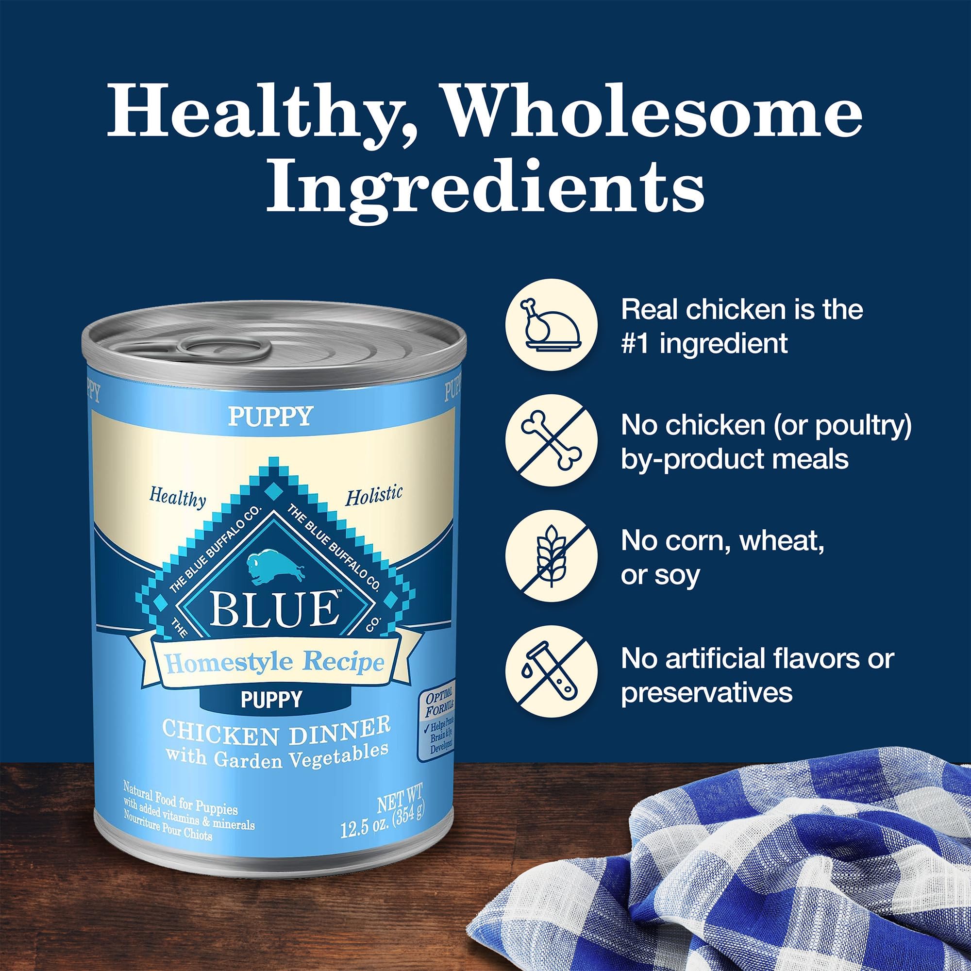 Blue Buffalo Homestyle Puppy Wet Food packaging close-up; no corn, wheat, or soy