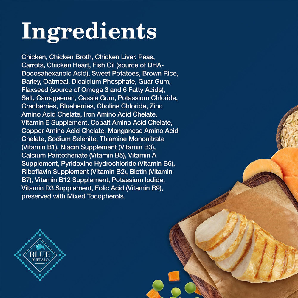 Blue Buffalo Homestyle Puppy Wet Food ingredients panel close-up; wholesome grains and fruits