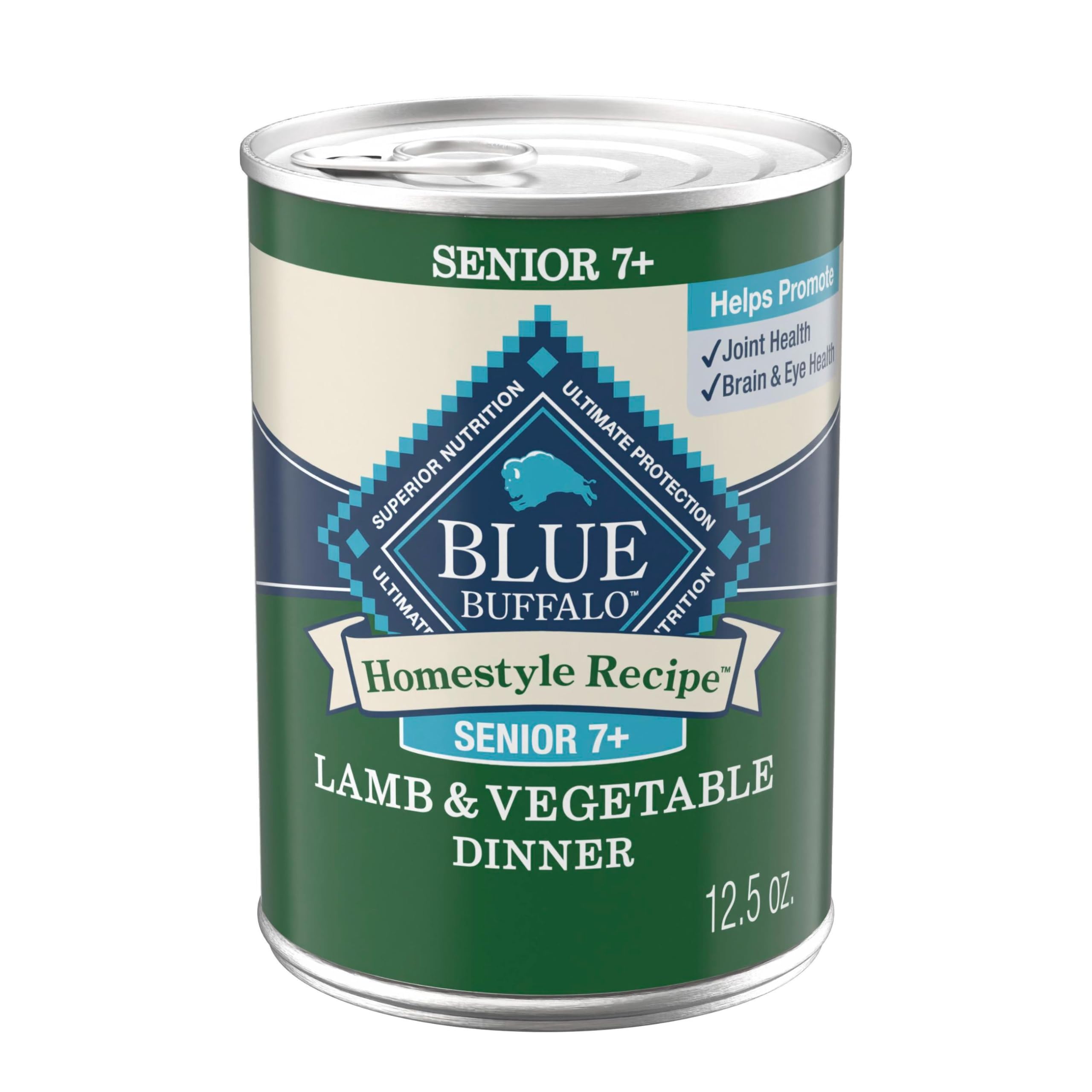 Blue Buffalo Homestyle Senior Lamb Dinner can with real lamb and garden vegetables.