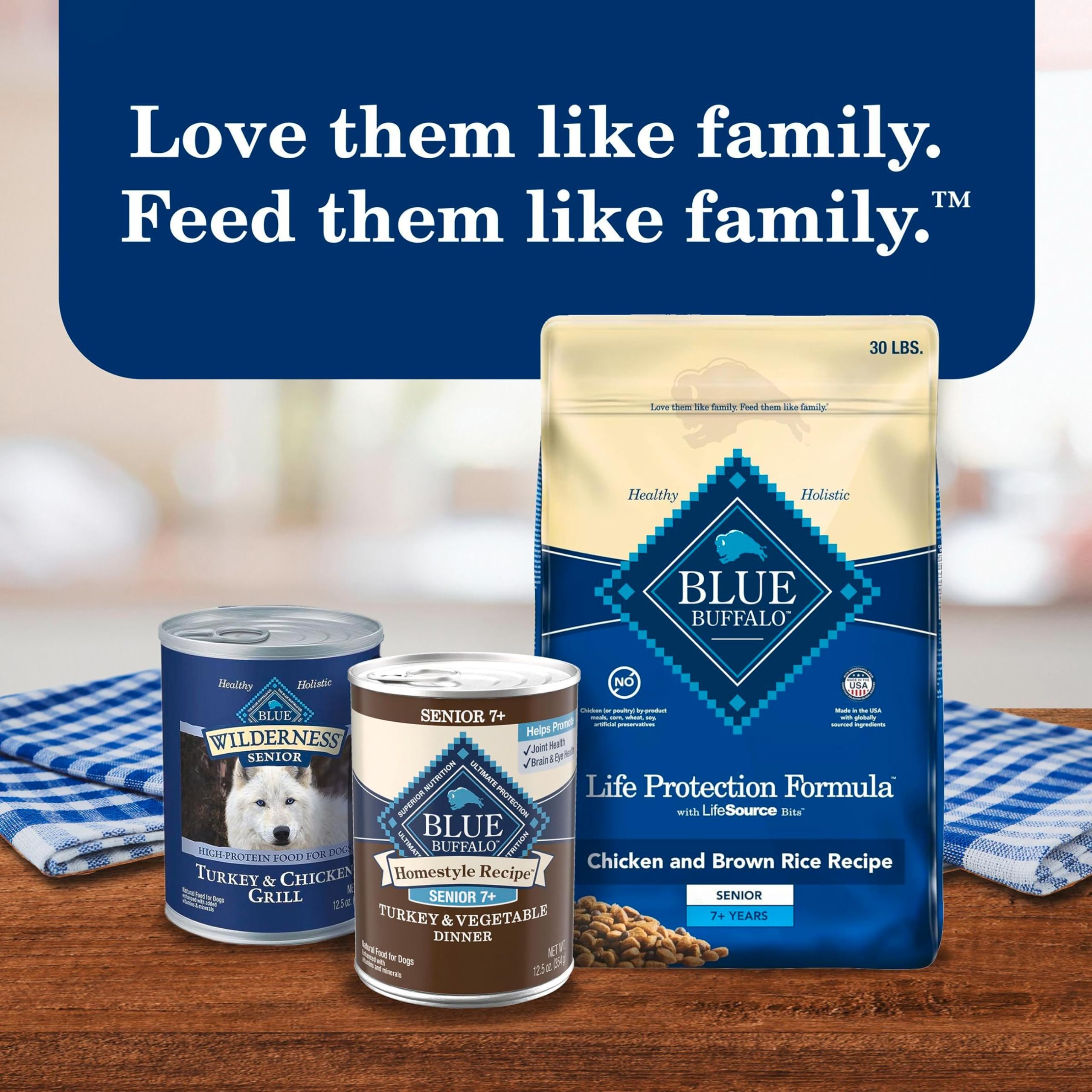 Blue Buffalo Homestyle Senior nutrition panel visible on the can.
