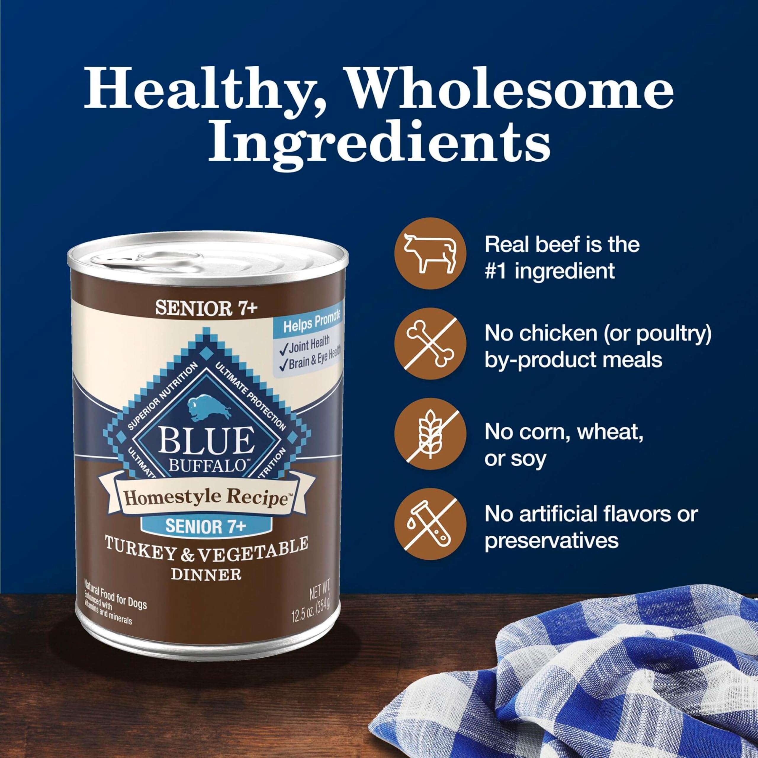 Blue Buffalo Homestyle Senior 12.5 oz pack of twelve cans displayed.