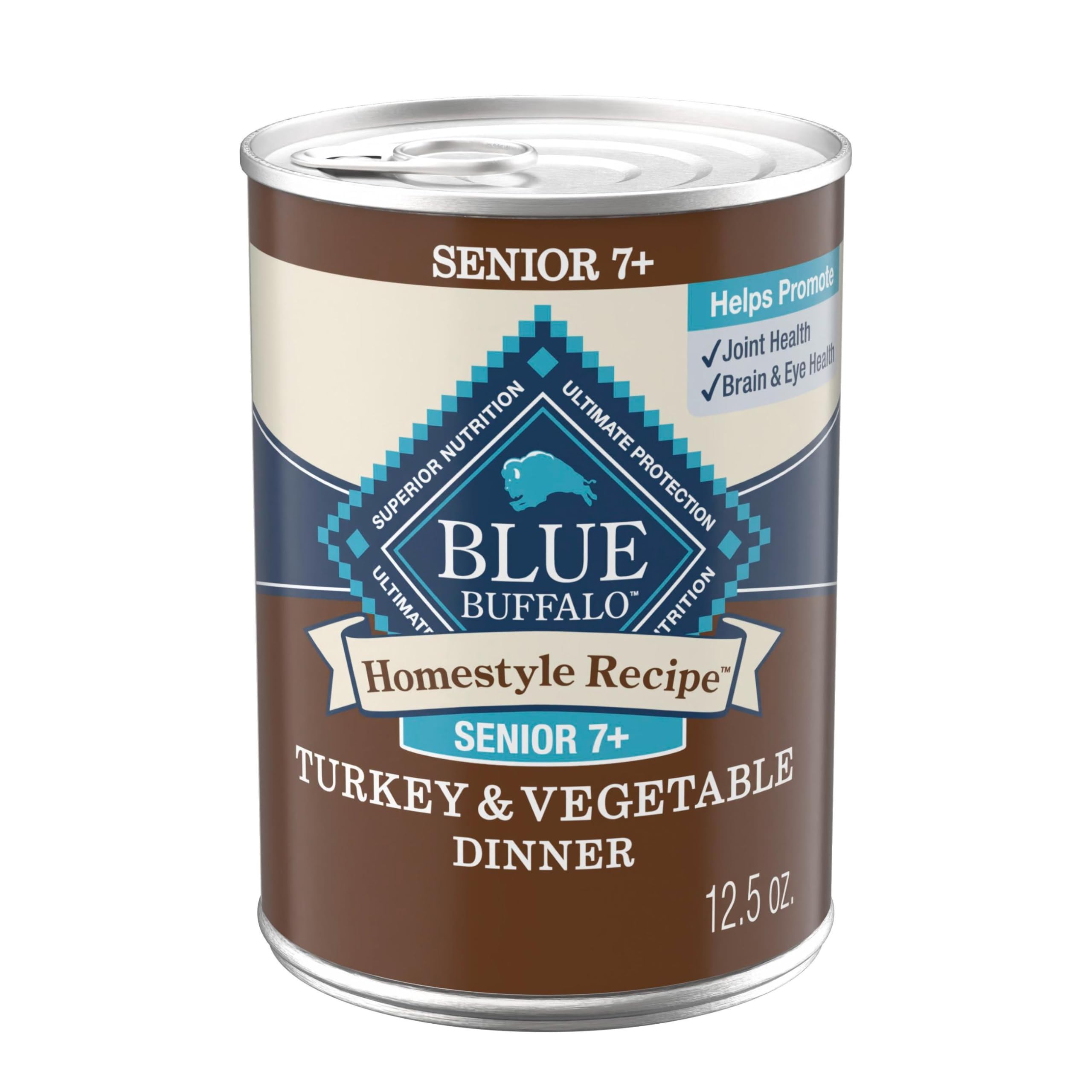 Blue Buffalo Homestyle Senior turkey dinner can shows hearty chunks for aging dogs.