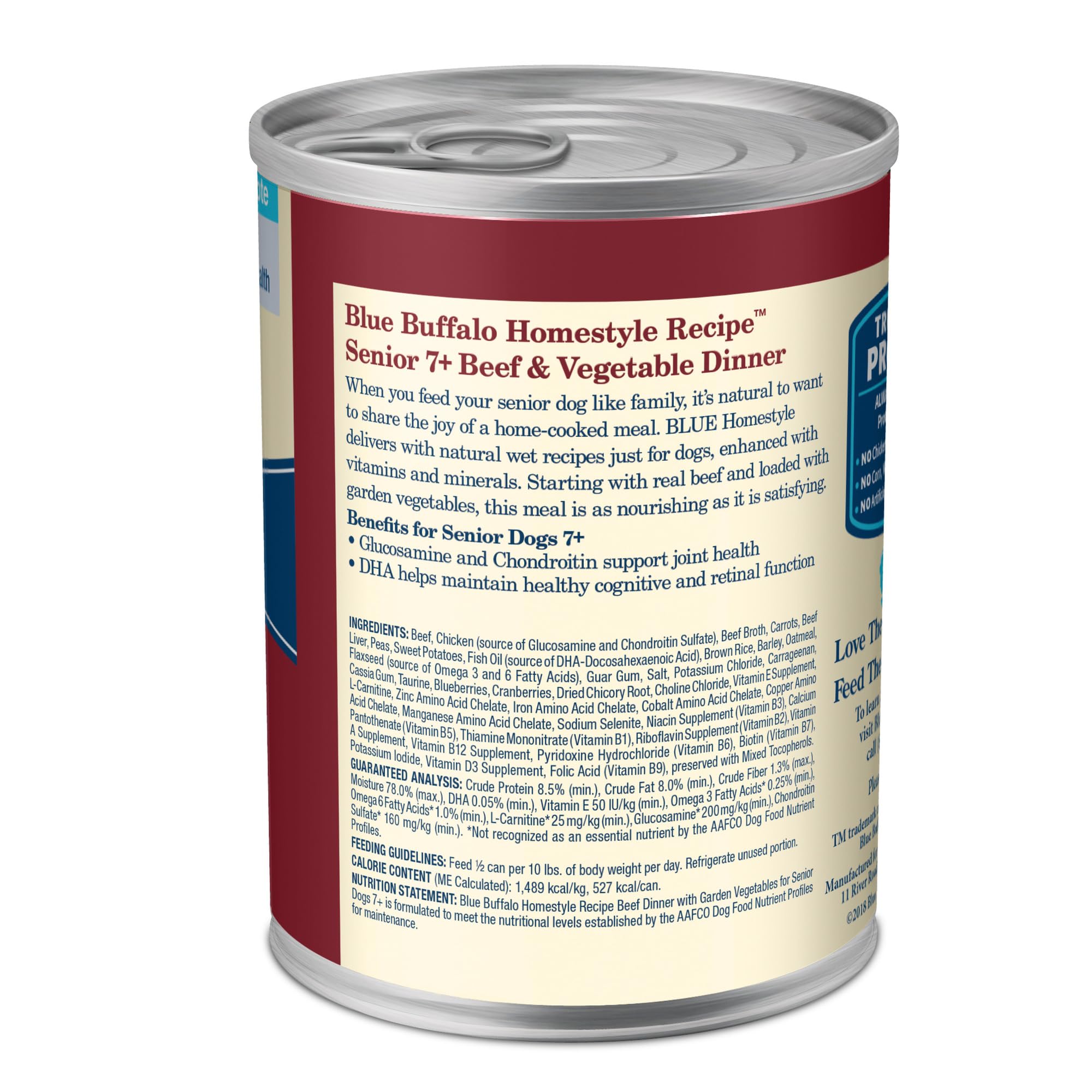 Blue Buffalo Homestyle Senior wet dog food beef dinner close-up, savory aroma suggested.