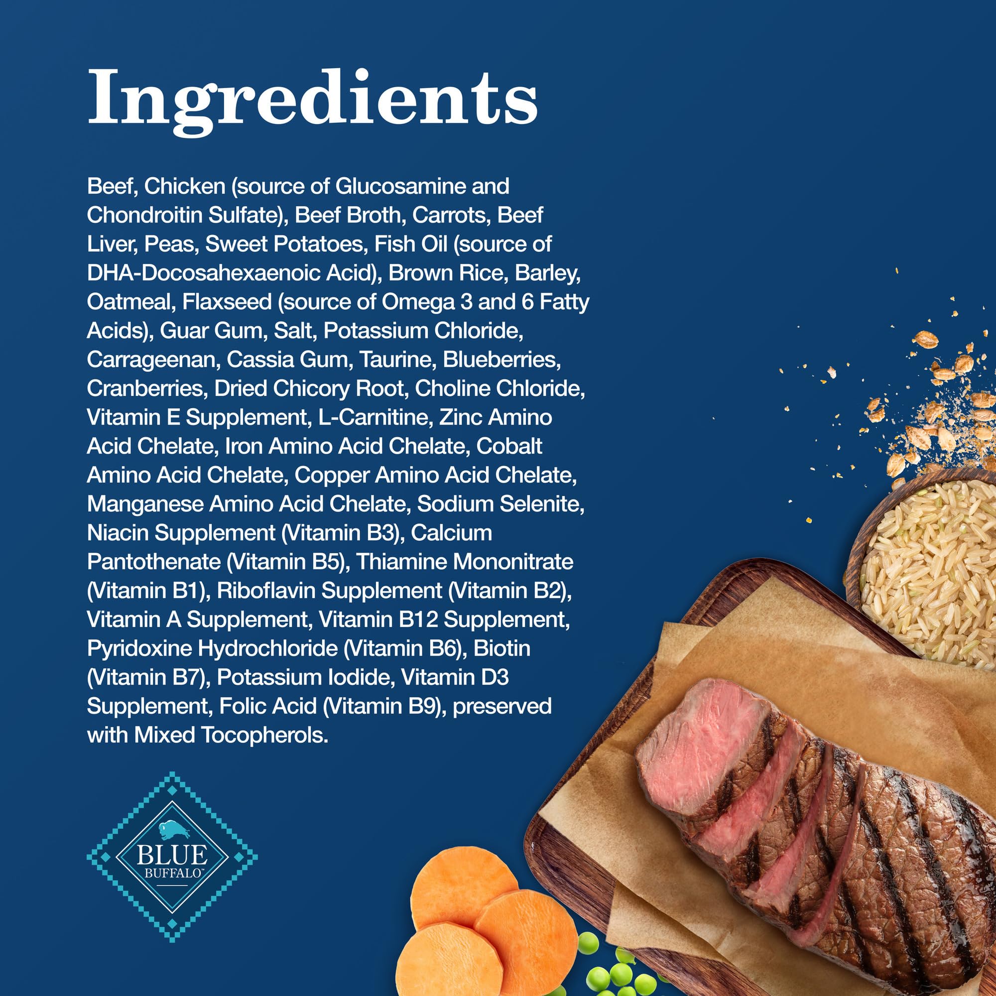 Blue Buffalo Homestyle Senior dog food can with tender beef chunks and vegetables.