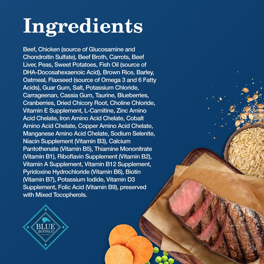 Blue Buffalo Homestyle Senior dog food can with tender beef chunks and vegetables.