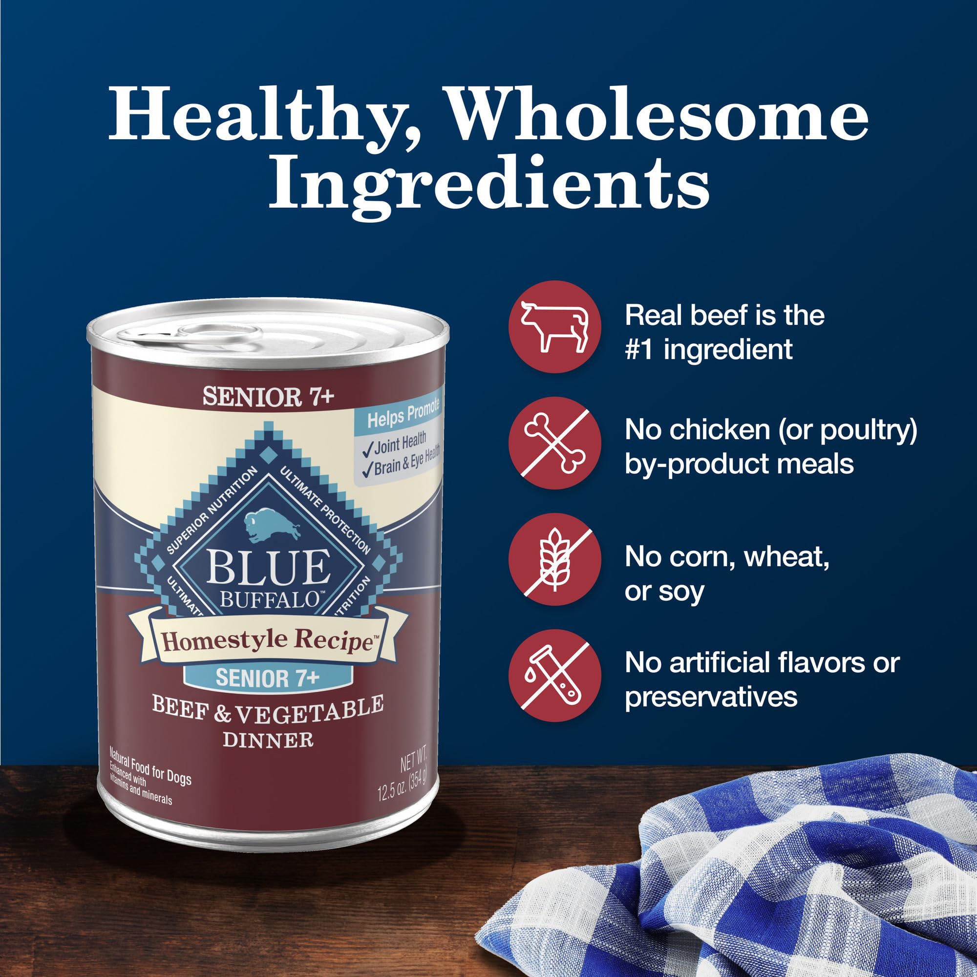 Blue Buffalo Homestyle Senior wet dog food 12.5 oz can on white background.