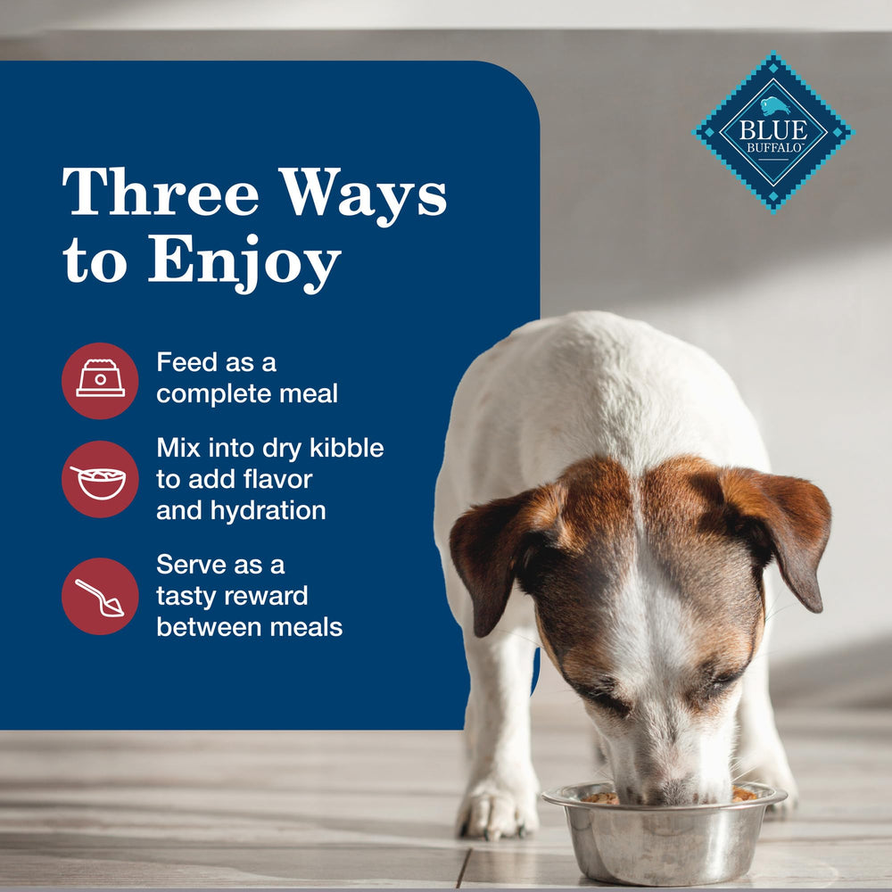 Blue Buffalo Homestyle Senior wet food with garden vegetables packaging in view.