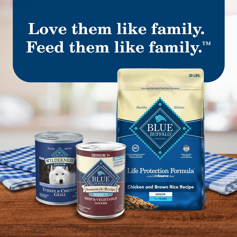 Blue Buffalo Homestyle Senior 12-pack cans ready for shelf display.