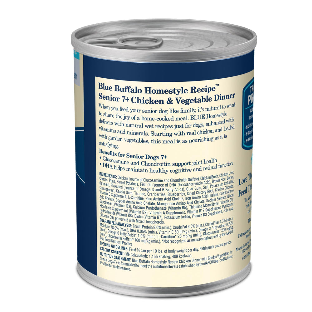 Blue Buffalo Homestyle Senior Wet Dog Food highlighting glucosamine and chondroitin for joint support.