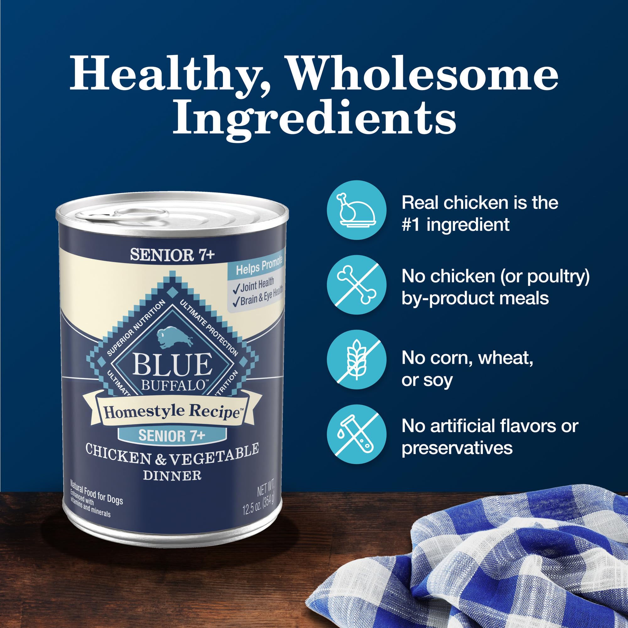 Blue Buffalo Homestyle Senior Wet Dog Food includes wholesome grains like brown rice and barley.