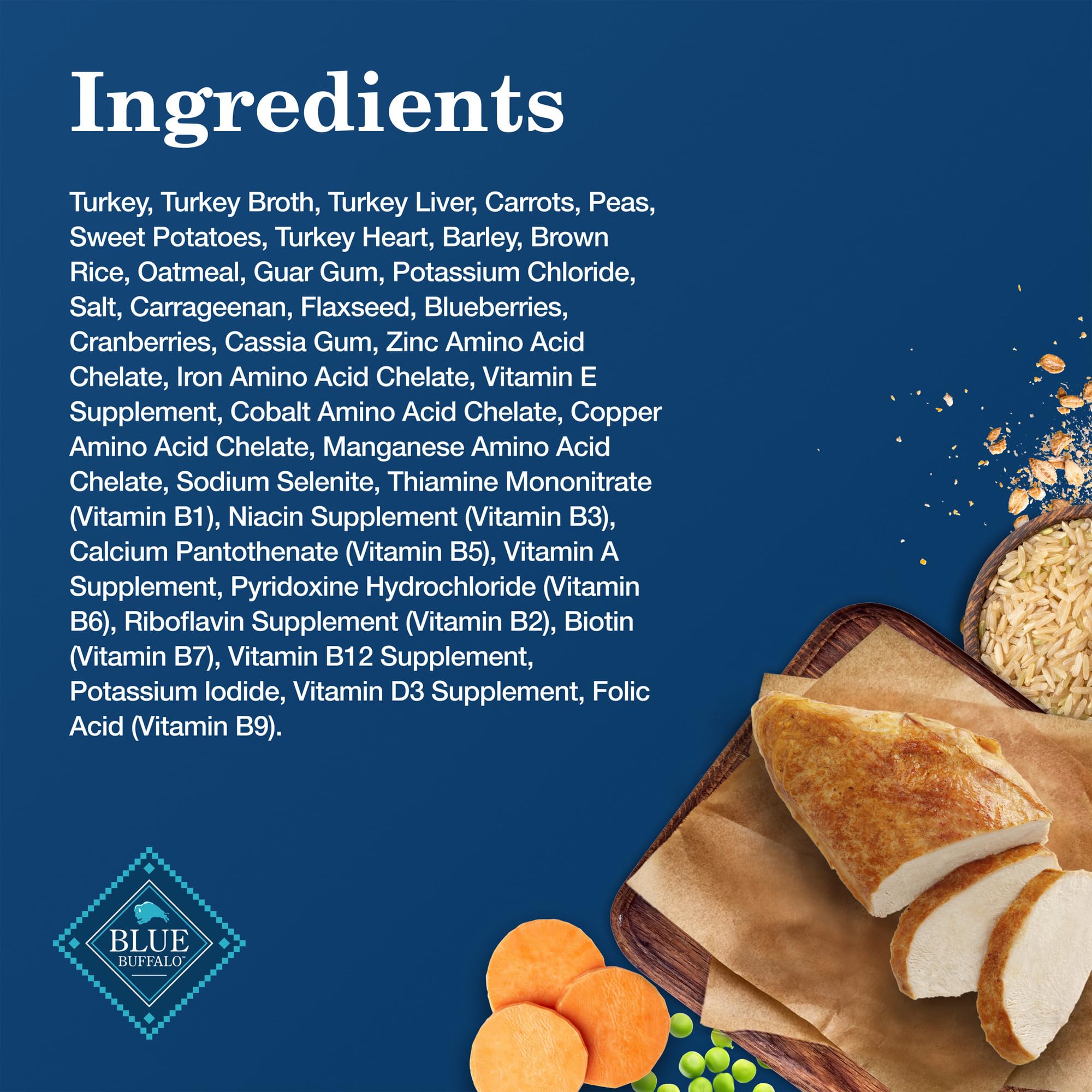 Blue Buffalo Homestyle Turkey Dinner 12.5-ounce cans pack image highlights family-sized pack
