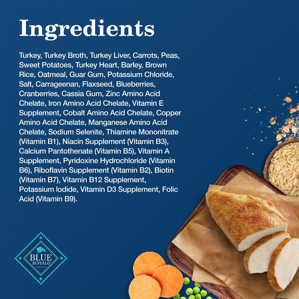 Blue Buffalo Homestyle Turkey Dinner 12.5-ounce cans pack image highlights family-sized pack