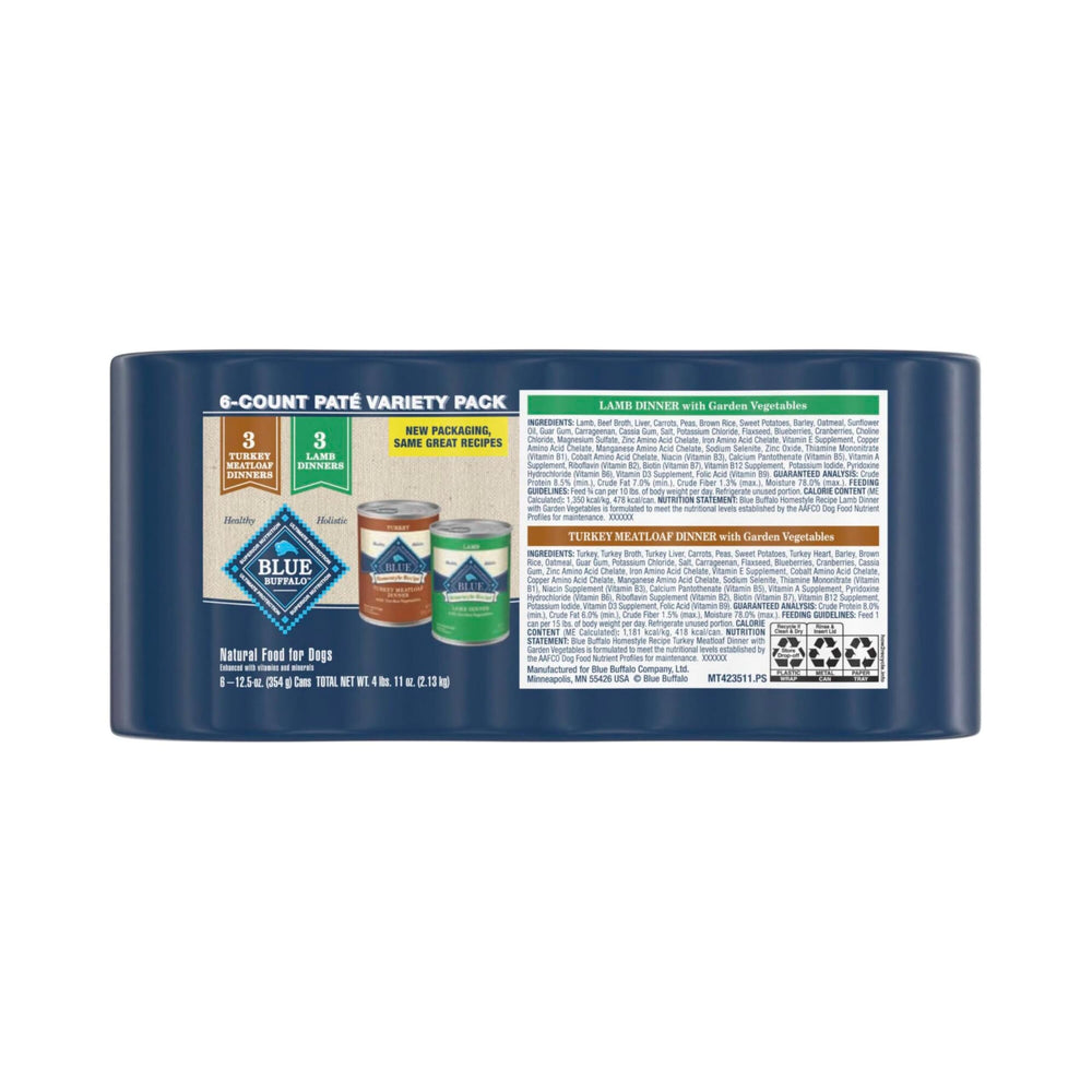 Blue Buffalo Homestyle Turkey dinner cans emphasizing flavorful wet dog food