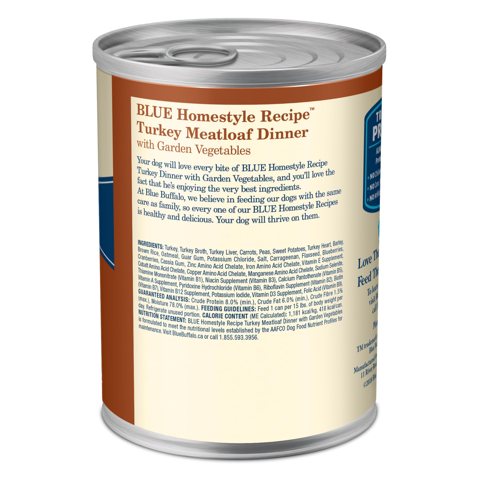 Blue Buffalo Homestyle Turkey Dinner with Garden Vegetables packaging highlights real turkey as the first ingredient