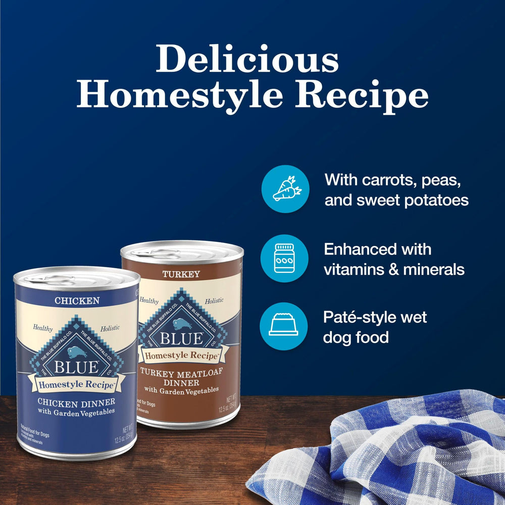 Blue Buffalo Homestyle turkey wet dog food close-up label emphasizes savory flavor.