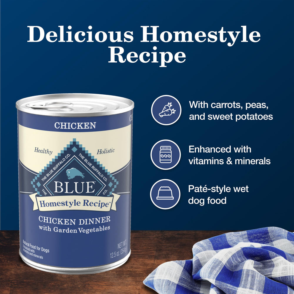 Blue Buffalo Homestyle twelve 12.5-oz cans provide convenience.