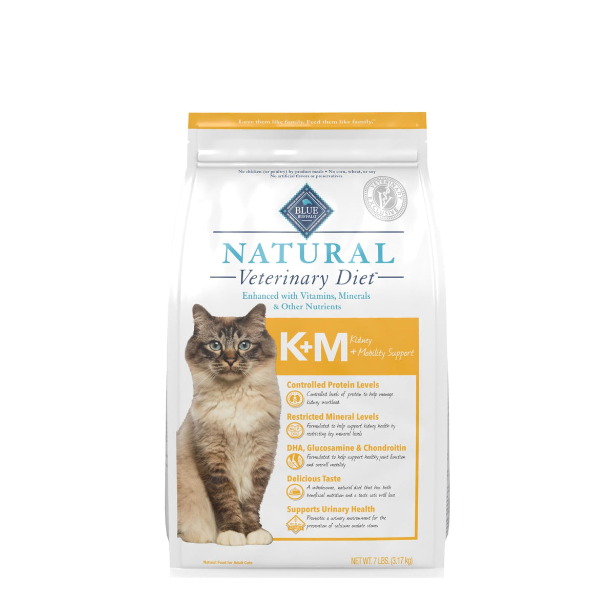 Blue Buffalo K+M Kidney Mobility dry cat food bag with real chicken highlighting kidney and joint support