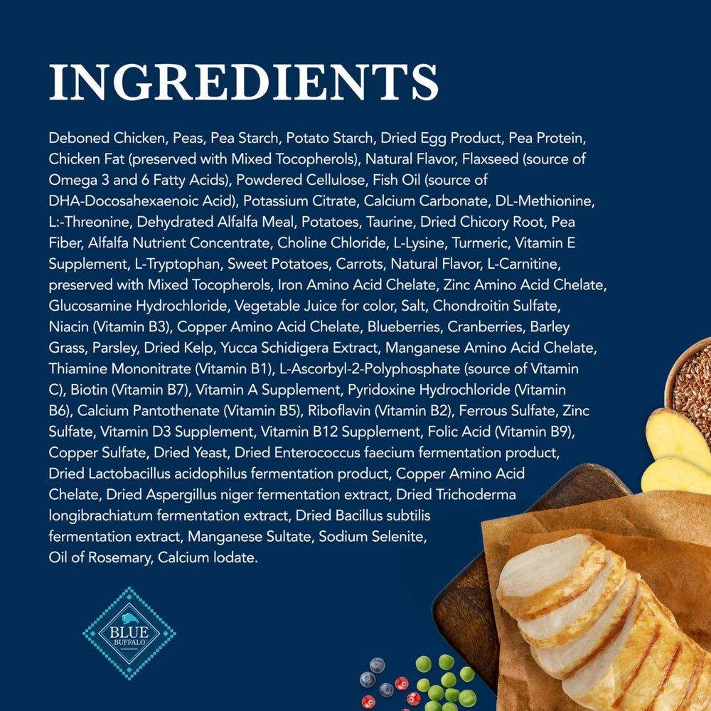 Blue Buffalo K+M no corn wheat soy and no artificial flavors or preservatives shown