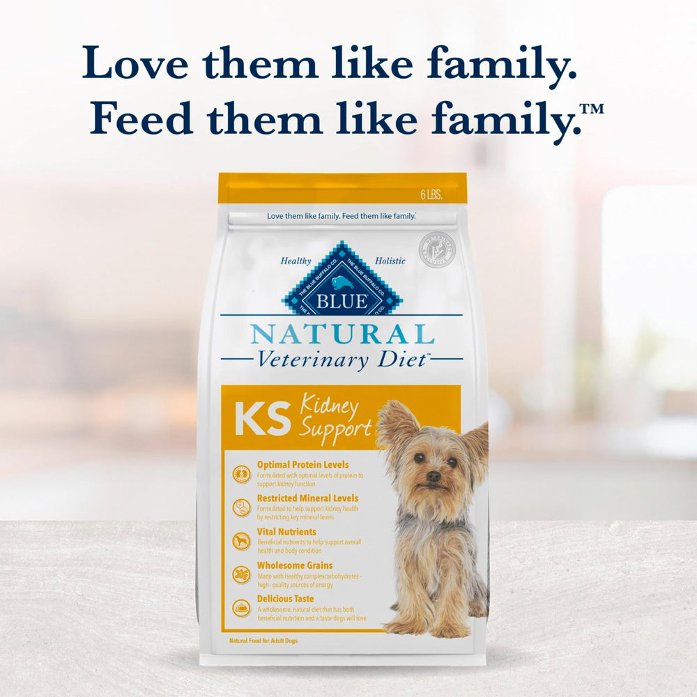 Six-pound bag of Blue Buffalo KS Kidney Support dry dog food.