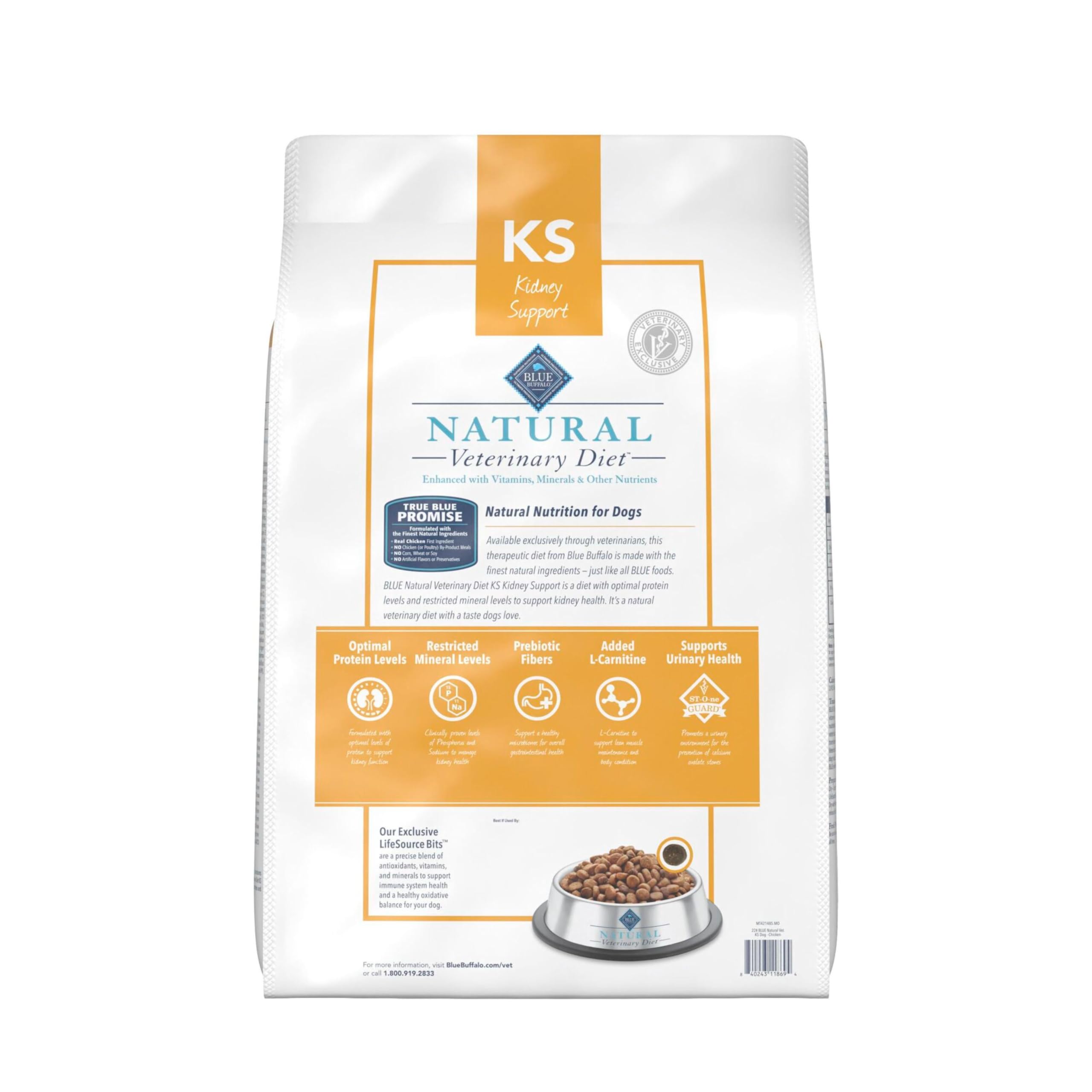 Blue Buffalo KS Kidney Support dry dog food bowl shows balanced-meal serving