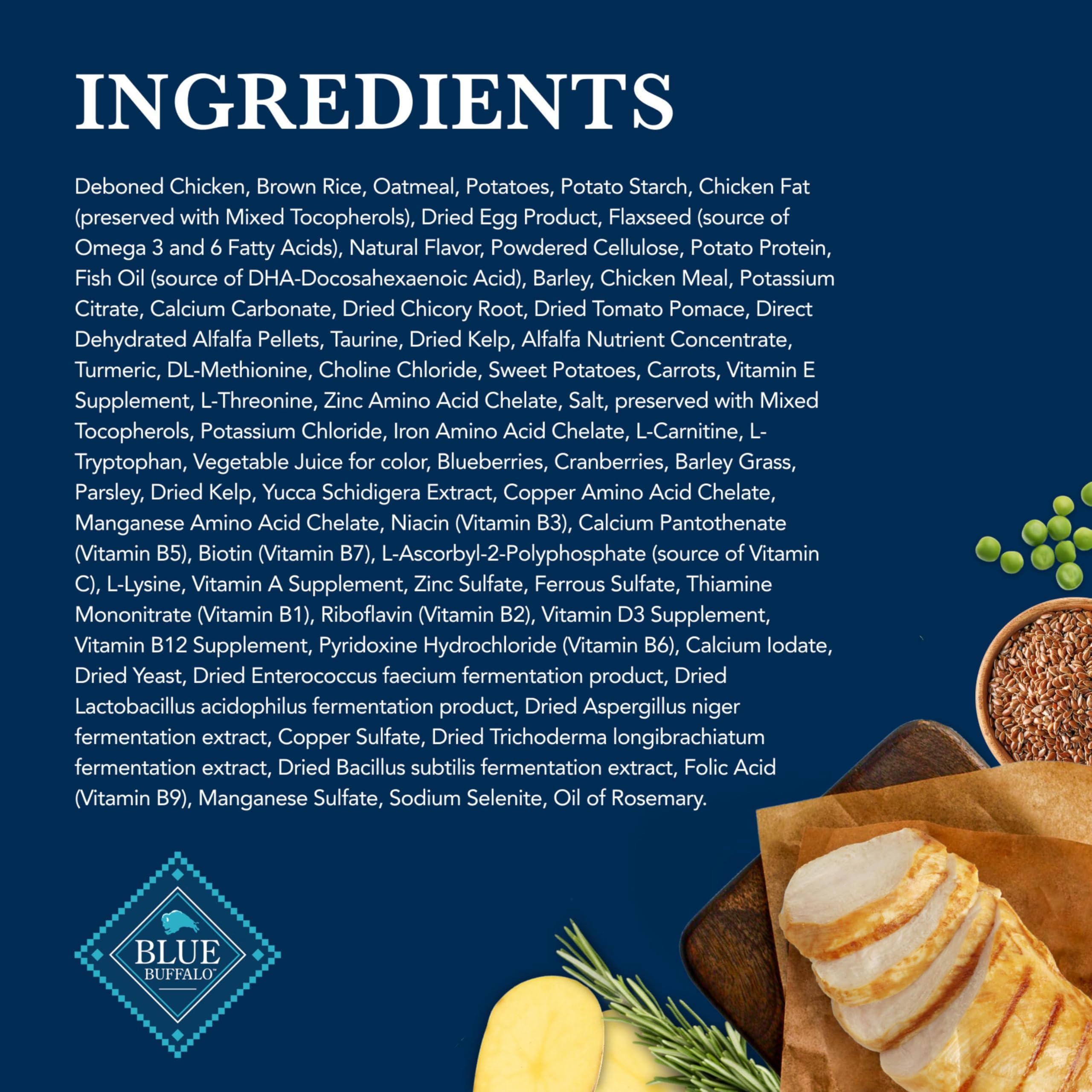 Ingredients list image from Blue Buffalo KS Kidney Support showing high-quality protein and minerals.